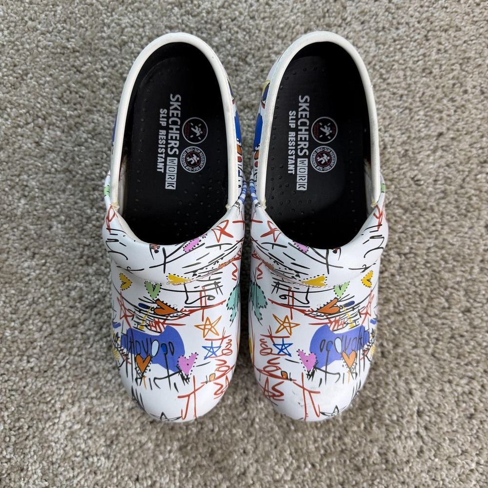 Skechers Work Clog Shoes Womens Size 7.5 White Multicolor Slip Resistant Print